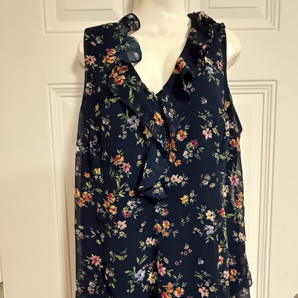 Marybelle Ruffle Neckline Sleeveless Blouse SZ‎ 2X Feminine Chic Floral Summer